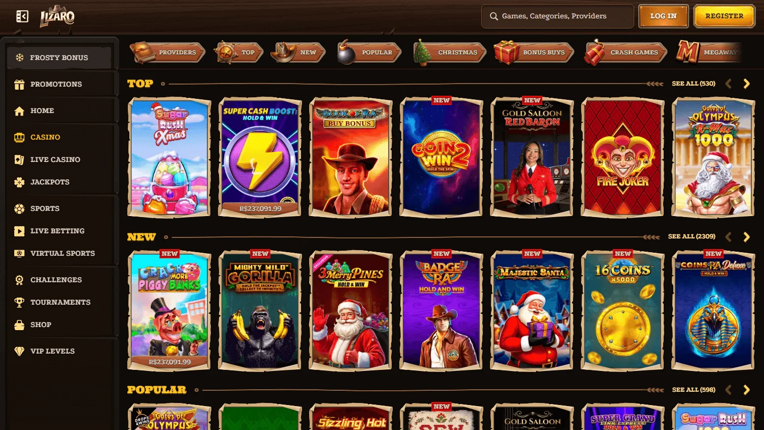 Lizaro Casino desktop games area with slots, live casino and table game categories
