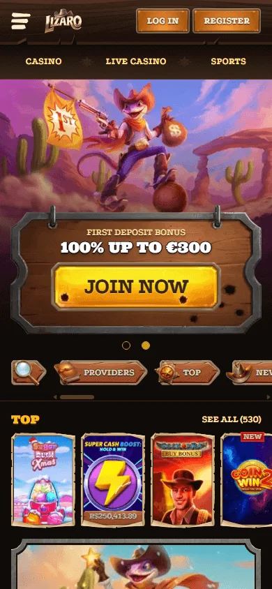 Lizaro Casino mobile browser home screen with casino offers and account features