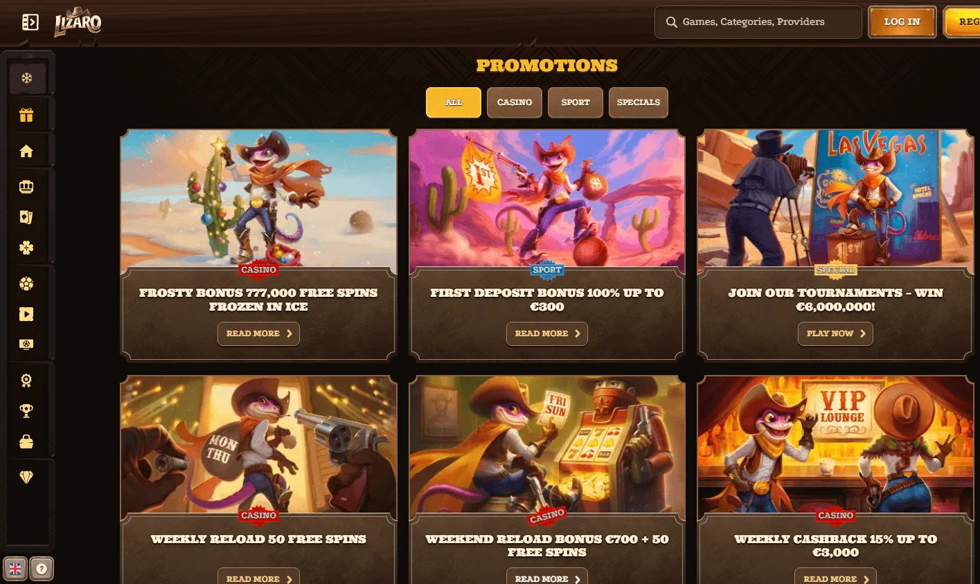Lizaro Casino desktop promotions area with welcome and reload offers