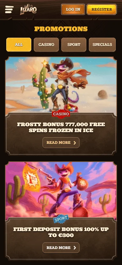 Lizaro Casino mobile promotions area with welcome, reload and cashback offers