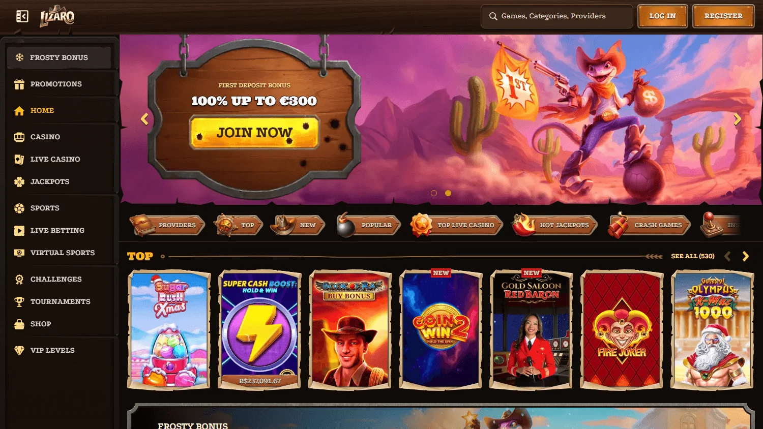 Lizaro Casino desktop home screen with casino offer and account features