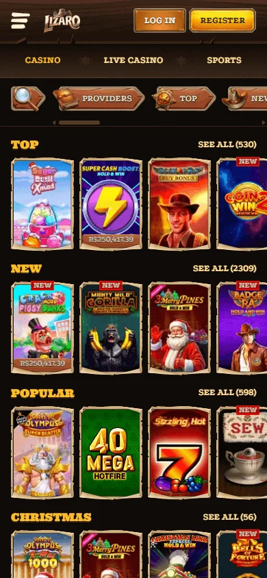 Lizaro Casino mobile games area with slots, live casino and instant games
